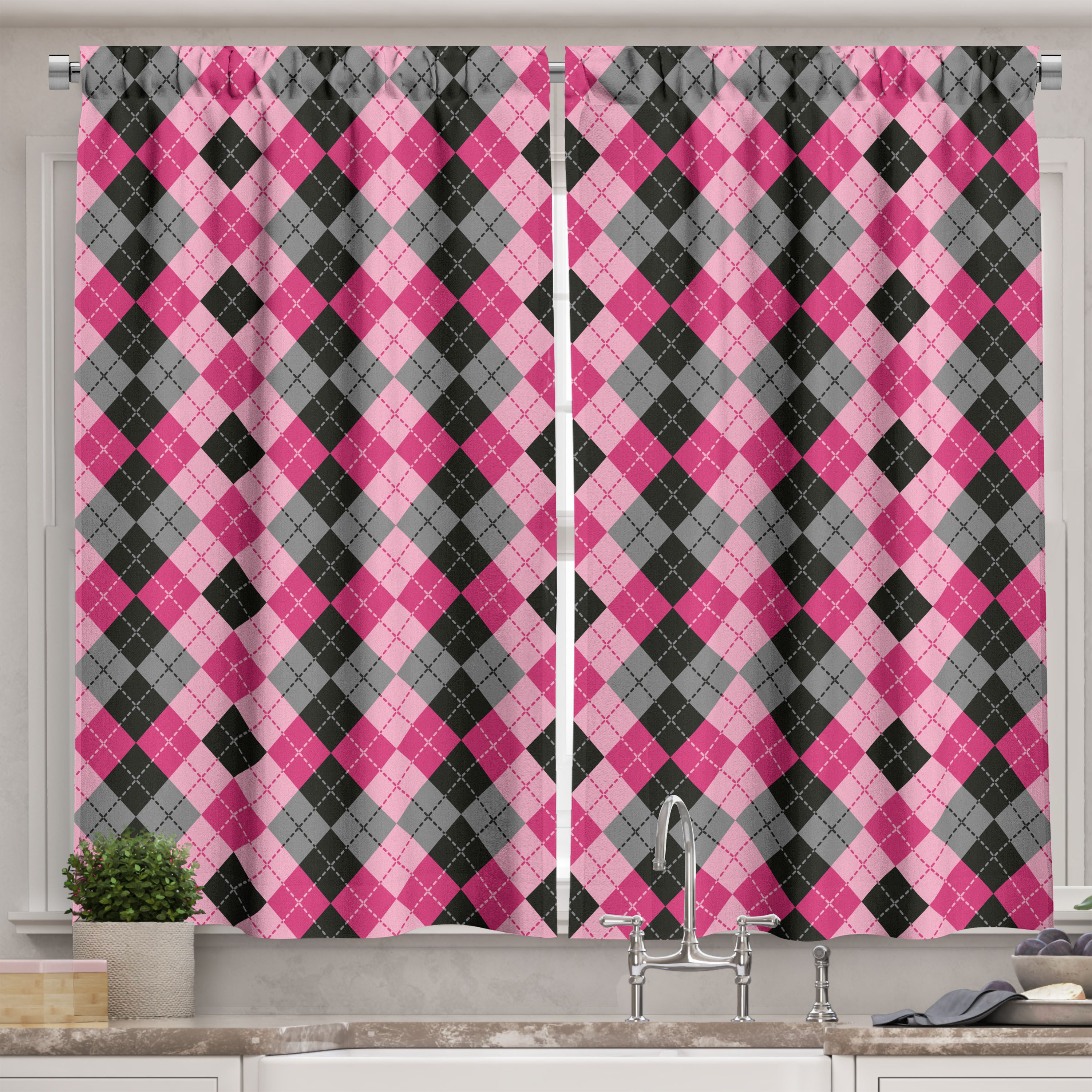 Ambesonne Pink Grey Kitchen Curtains, Diamonds and Lozenges, 55"x39
