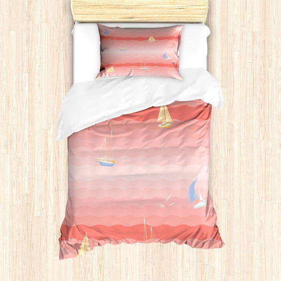 Ambesonne Pink Ombre Duvet Cover Sets, Sailing Boats and Birds, 2-Twin, Coral Blush and Peach