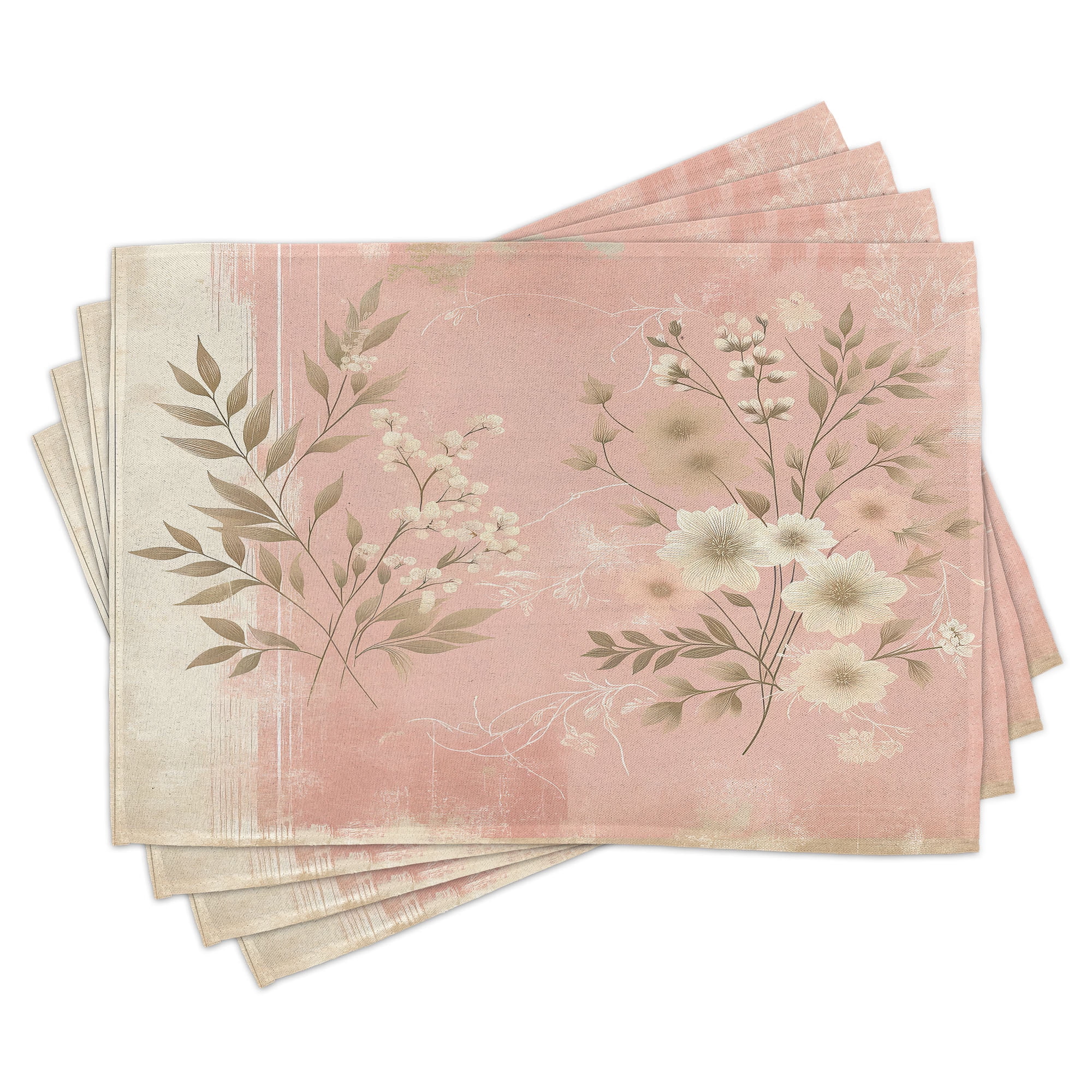Blush and Dark Mustard Floral Polyester Rectangle Placemats, Set of 4