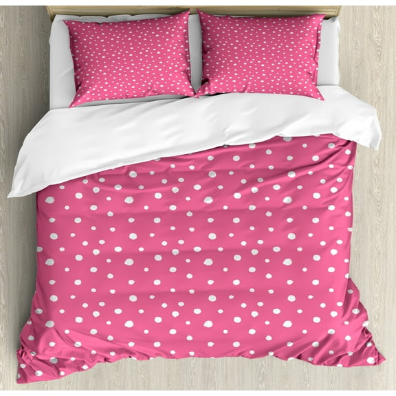 Ambesonne Pink Polka Dots Duvet Cover Sets, Grunge Drawn Rounds, 2-King, Pink and White
