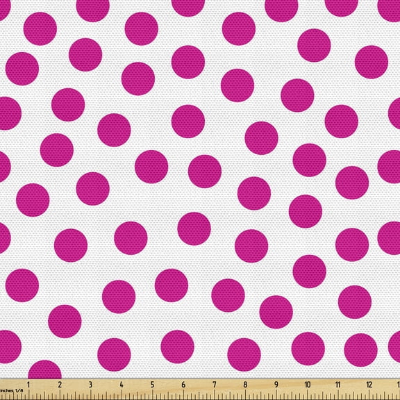 Ambesonne Pink Polka Dots Fabric by the Yard Upholstery, Asymmetric Rounds, 1 Yard, Pink and White