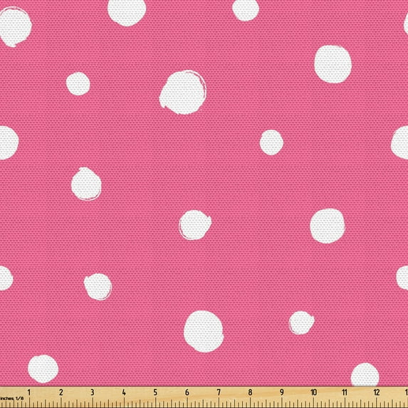Ambesonne Pink Polka Dots Fabric by the Yard Upholstery, Grunge Drawn Rounds, 5 Yards, Pink and White