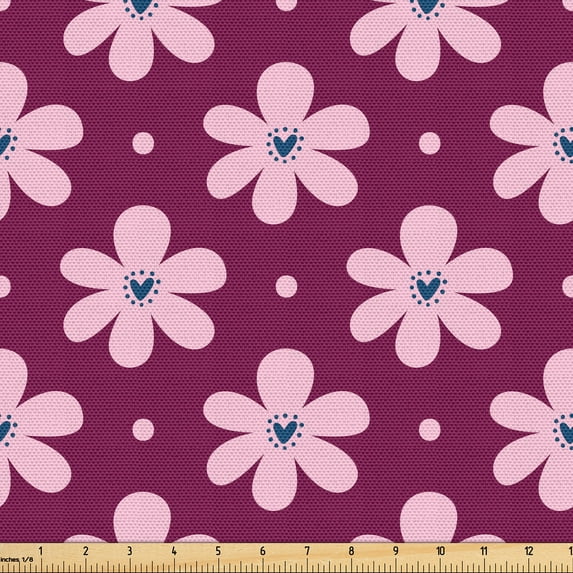 Ambesonne Pink Polka Dots Fabric by the Yard Upholstery, Petals with Hearts, 10 Yards, Pale Pink Dark Magenta