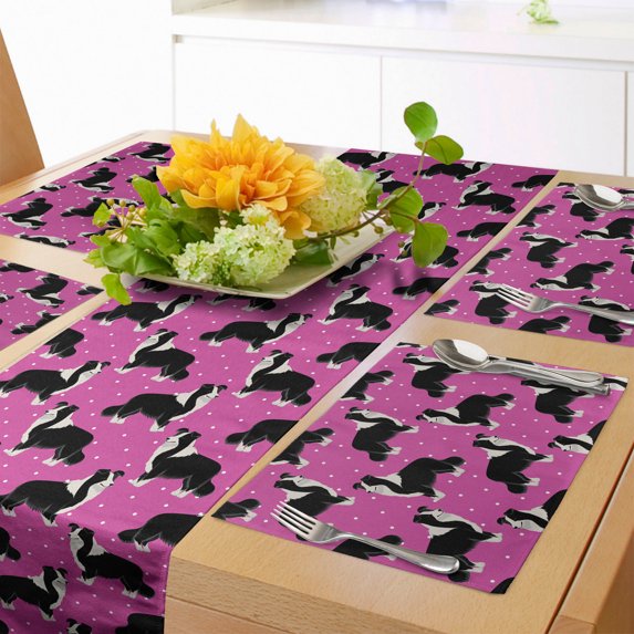 Ambesonne Pink Polka Dots Table Runner & Placemats, Furry Collie Dog, Placemat 4 pcs + Runner 14"x90", Pink Charcoal Grey