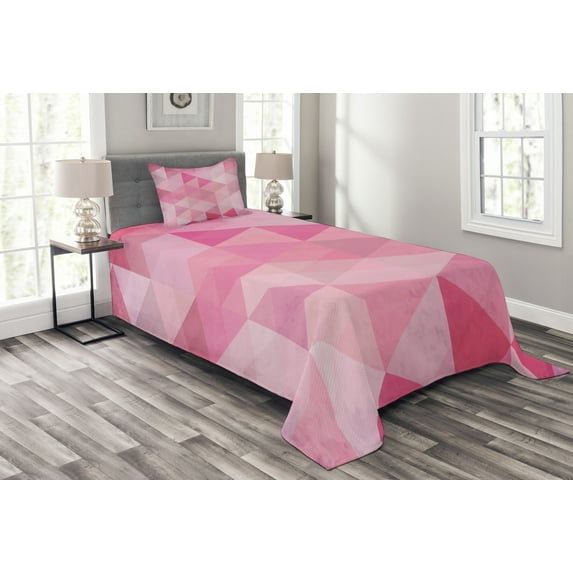 Ambesonne Pink Quilted Bedspread Set 2 Pcs, Abstract Vintage Triangles, Twin Size, Pink