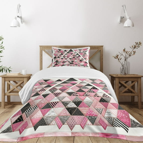 Ambesonne Pink Quilted Bedspread Set 2 Pcs, Blushy Fashion Abstract Lines, Twin Size, Blush White Dark Grey