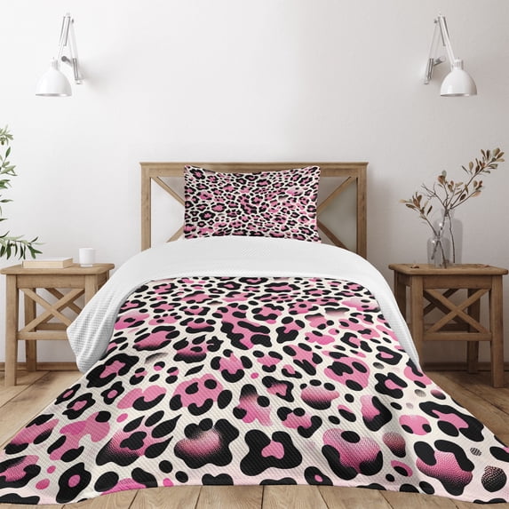 Ambesonne Pink Quilted Bedspread Set 2 Pcs, Classic Leopard Skin Pattern, Twin Size, Blush Dark Grey Ivory