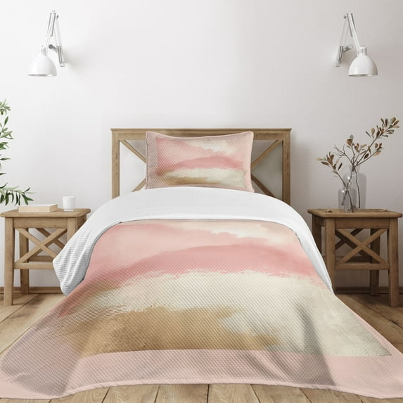Ambesonne Pink Quilted Bedspread Set 2 Pcs, Contemporary Brush Strokes Art, Twin Size, Blush Eggshell Fawn