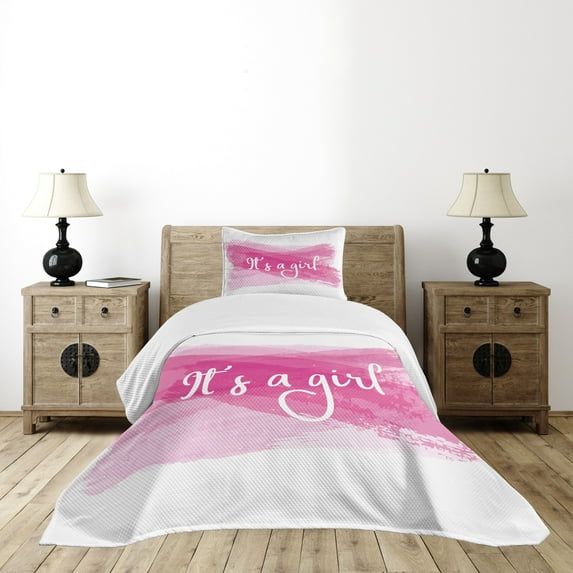 Ambesonne Pink Quilted Bedspread Set 2 Pcs, Hues Illustration Modern Art, Twin Size, Hot Pink White