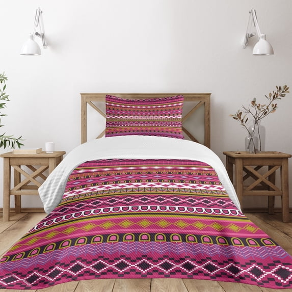 Ambesonne Pink Quilted Bedspread Set 2 Pcs, Motifs Folk Border, Twin Size, Multicolor