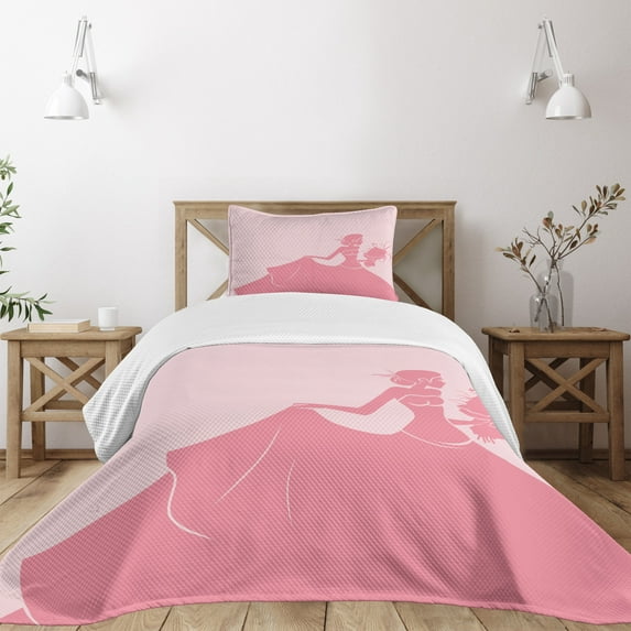 Ambesonne Pink Quilted Bedspread Set 2 Pcs, Pink Wedding Dress, Twin Size, Salmon and Pale Pink