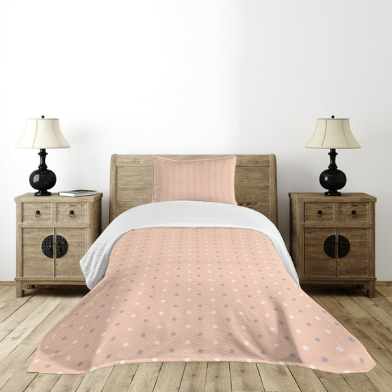 Ambesonne Pink Quilted Bedspread Set 2 Pcs, Retro Vintage Lilac Dots, Twin Size, Salmon Lilac and White