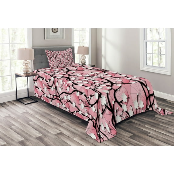 Ambesonne Pink Quilted Bedspread Set 2 Pcs, Sakura Tree Umbrellas, Twin Size, Black Pink