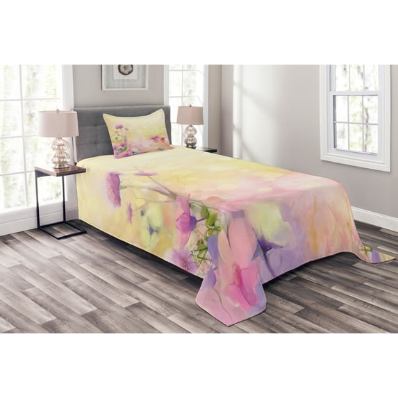 Ambesonne Pink Quilted Bedspread Set 2 Pcs, Vintage Magnolia Blooms, Twin Size, Pink Pale Yellow