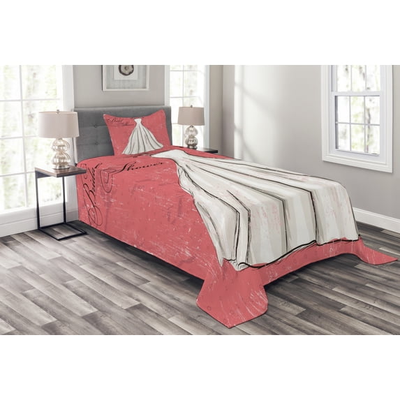 Ambesonne Pink Quilted Bedspread Set 2 Pcs, Wedding Bride Party, Twin Size, Coral Black and White