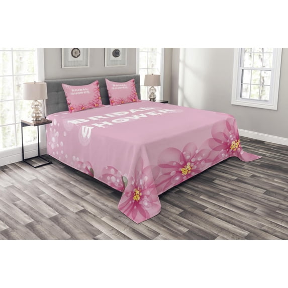 Ambesonne Pink Quilted Bedspread Set 3 Pcs, Abstract Petals Dots, King Size, Hot Pink and Pale Pink