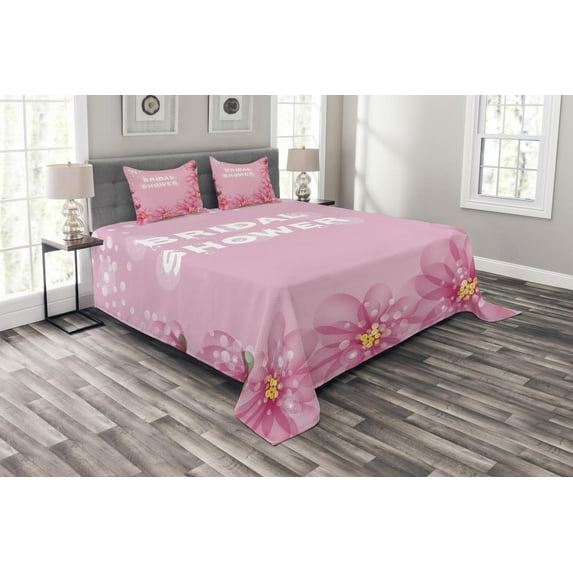 Ambesonne Pink Quilted Bedspread Set 3 Pcs, Abstract Petals Dots, Queen Size, Hot Pink and Pale Pink