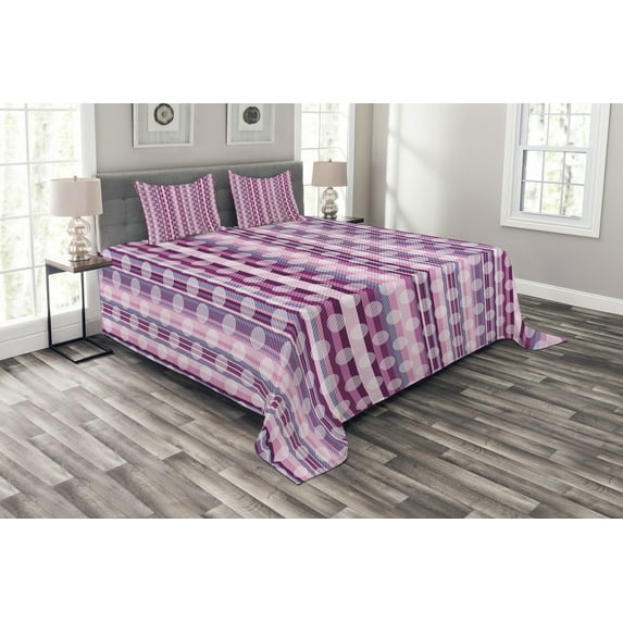 Ambesonne Pink Quilted Bedspread Set 3 Pcs, Abstract Rounds Line, King Size, Cadet Blue Dried Rose