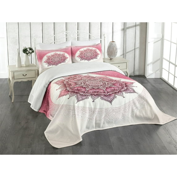 Ambesonne Pink Quilted Bedspread Set 3 Pcs, Blooming Blushy Mandala Leafy, Queen Size, Magenta White Grey Yellow