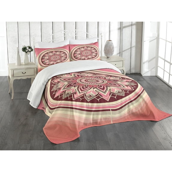 Ambesonne Pink Quilted Bedspread Set 3 Pcs, Boho Manadala Retrospective, King Size, Dried Rose Peach