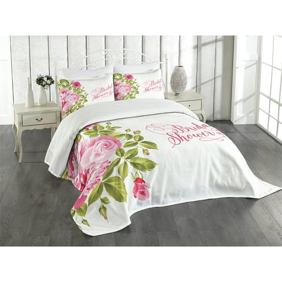 Ambesonne Pink Quilted Bedspread Set 3 Pcs, Bride Shabby Flowers, King Size, Pale Pink Hot Pink