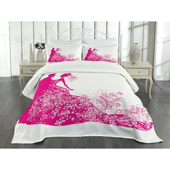 Ambesonne Pink Quilted Bedspread Set 3 Pcs, Dancing Couple Wedding, Queen Size, Magenta White