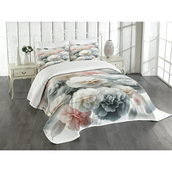 Ambesonne Pink Quilted Bedspread Set 3 Pcs, Dreamy Huddle of Carnation Art, Queen Size, Dark Sea Green Pale Khaki