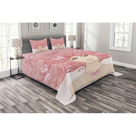 Ambesonne Pink Quilted Bedspread Set 3 Pcs, Girl Butterflies Sketch, King Size, Coral and White