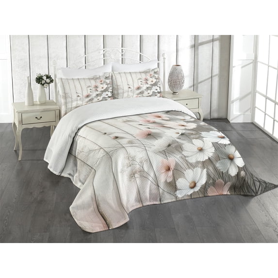 Ambesonne Pink Quilted Bedspread Set 3 Pcs, Modern Farmhouse Tender Floral, King Size, Pale Mauve Blush
