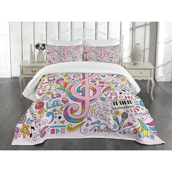 Ambesonne Pink Quilted Bedspread Set 3 Pcs, Music Clef Groovy Doodles, King Size, Multicolor