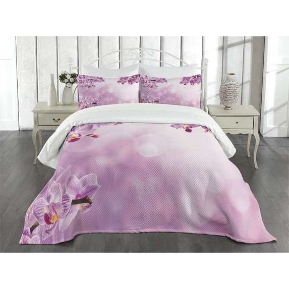 Ambesonne Pink Quilted Bedspread Set 3 Pcs, Orchid Spring Petals Spa, Queen Size, Pink