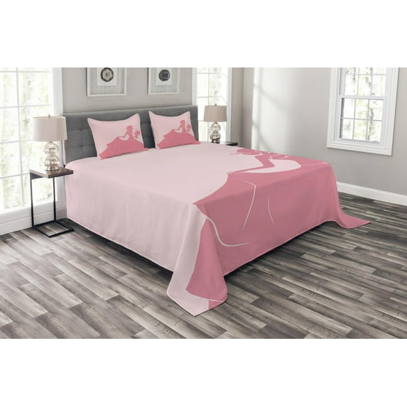 Ambesonne Pink Quilted Bedspread Set 3 Pcs, Pink Wedding Dress, King Size, Salmon and Pale Pink