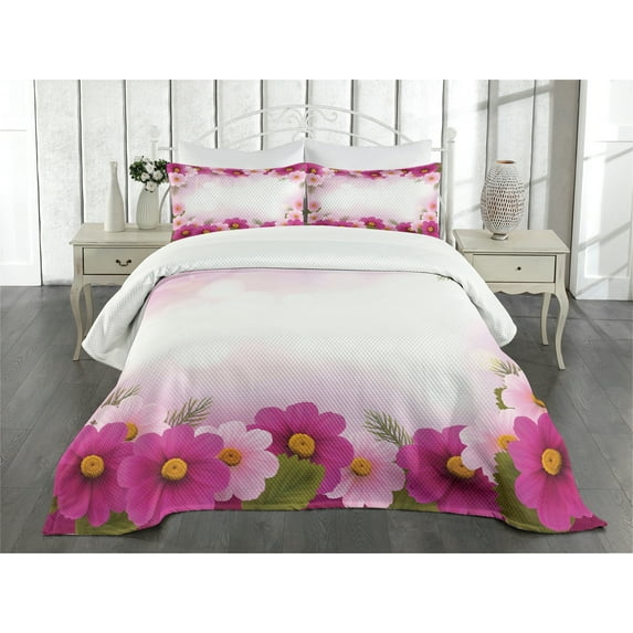 Ambesonne Pink Quilted Bedspread Set 3 Pcs, Romantic Daisies Framework, King Size, Pink Pale Pink Green