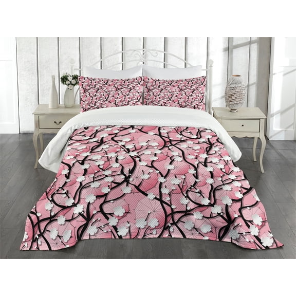 Ambesonne Pink Quilted Bedspread Set 3 Pcs, Sakura Tree Umbrellas, Queen Size, Black Pink