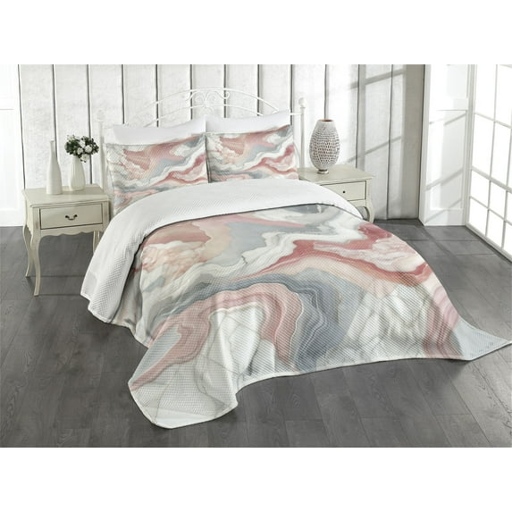 Ambesonne Pink Quilted Bedspread Set 3 Pcs, Swirls of Modern Marble Print, King Size, Dried Rose Blue Grey