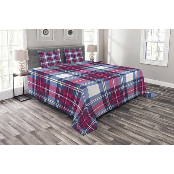 Ambesonne Pink Quilted Bedspread Set 3 Pcs, Vintage Scottish Effects, King Size, Pink Dark Blue