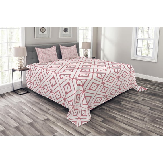 Ambesonne Pink Quilted Bedspread Set 3 Pcs, Vintage Triangles, King Size, Pink and White