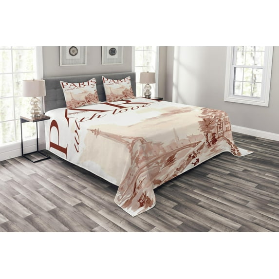 Ambesonne Pink Quilted Bedspread Set 3 Pcs, Vintage Watercolor Paris, King Size, Pink