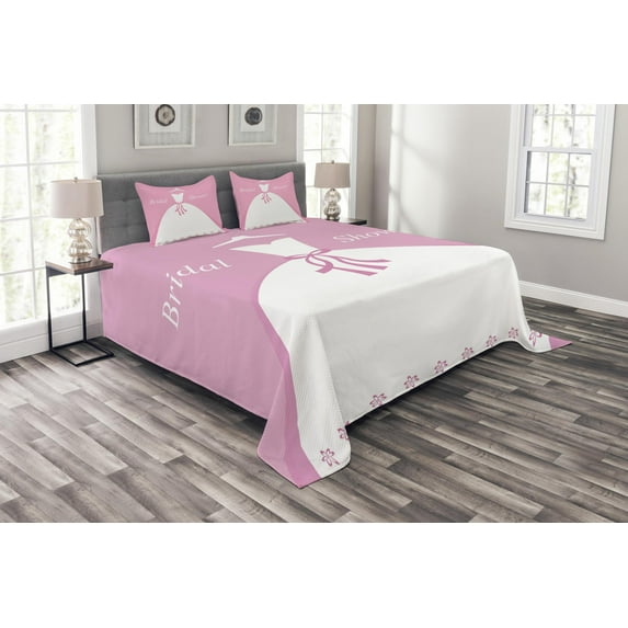 Ambesonne Pink Quilted Bedspread Set 3 Pcs, Wedding Bride Dress, King Size, Pale Pink and White