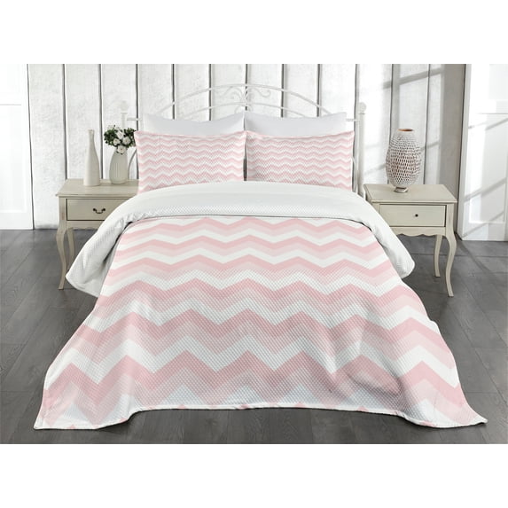 Ambesonne Pink Quilted Bedspread Set 3 Pcs, Zigzag Chevron Grunge, King Size, Rose Pale Pink White