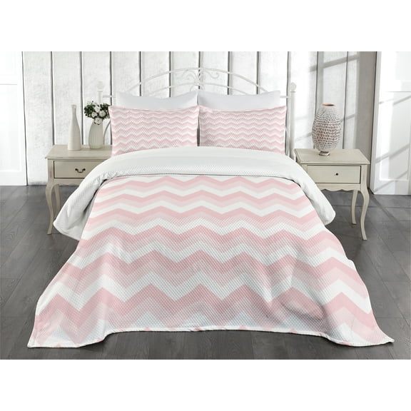 Ambesonne Pink Quilted Bedspread Set 3 Pcs, Zigzag Chevron Grunge, Queen Size, Rose Pale Pink White