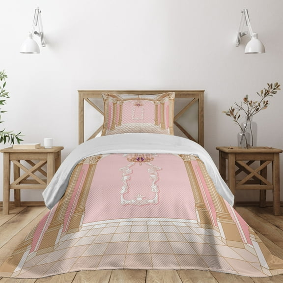 Ambesonne Pink Quilted Coverlet 2 Pcs, Chandelier Ceiling Castle, Twin Size, Rose Peach