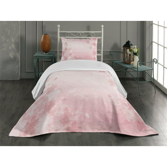 Ambesonne Pink Quilted Coverlet 2 Pcs, Cherry Blossom Floral Art, Twin Size, Pink