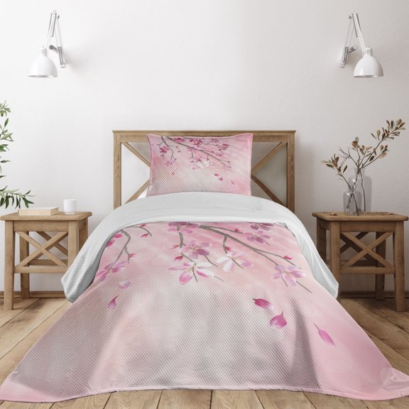Ambesonne Pink Quilted Coverlet 2 Pcs, Tree Branch with Flowers, Twin Size, Pink Fuchsia