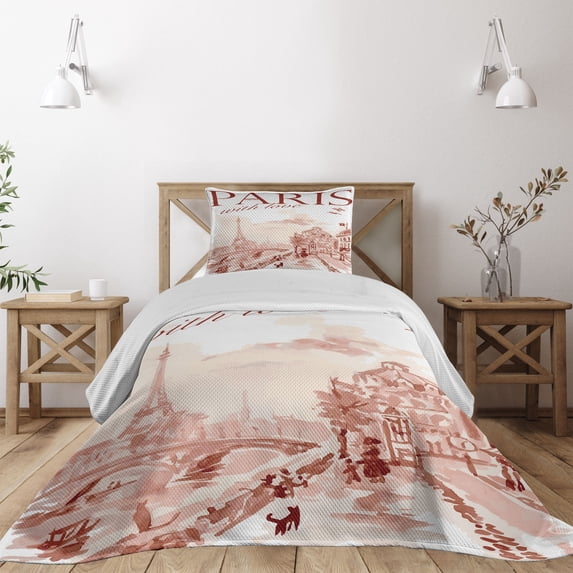 Ambesonne Pink Quilted Coverlet 2 Pcs, Vintage Watercolor Paris, Twin Size, Pink