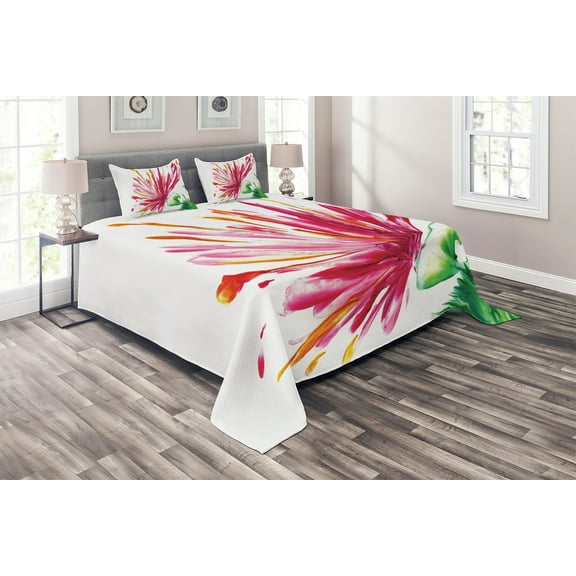 Ambesonne Pink Quilted Coverlet 3 Pcs, Blooming Petals, Queen Size, Fuchsia Green