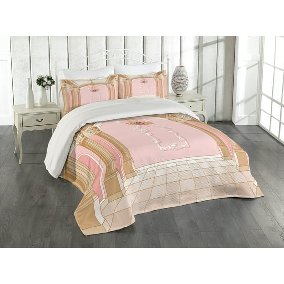Ambesonne Pink Quilted Coverlet 3 Pcs, Chandelier Ceiling Castle, King Size, Rose Peach