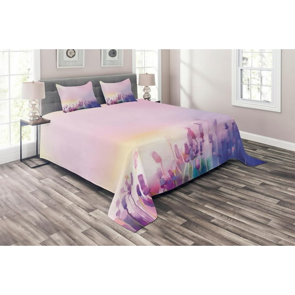 Ambesonne Pink Quilted Coverlet 3 Pcs, Lavender Violet Flowers, Queen Size, Lilac Purple