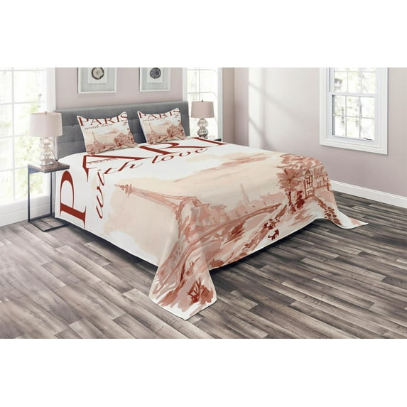 Ambesonne Pink Quilted Coverlet 3 Pcs, Vintage Watercolor Paris, King Size, Pink