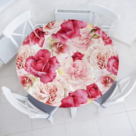 Ambesonne Pink Roses Fitted Round Tablecloth, Romantic Spring Blooms, 56"- 60" Diameter, Magenta Blush Khaki